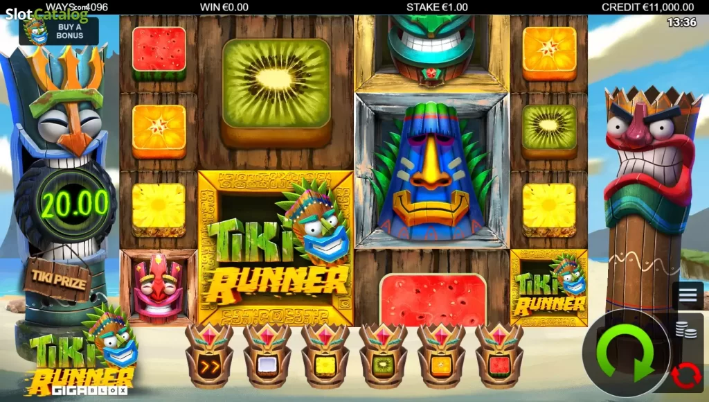 Tiki totems, tropical island with “Play on Santacatarinas Slots” overlay